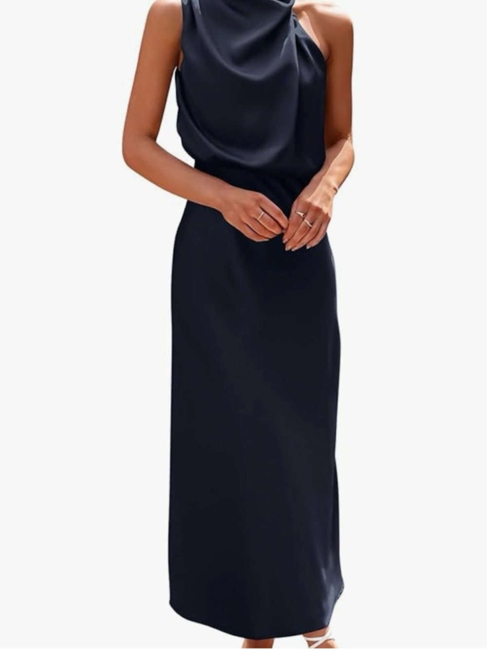 Navy Blue Long sleeveless Dress with Asymmetrical shoulder Design